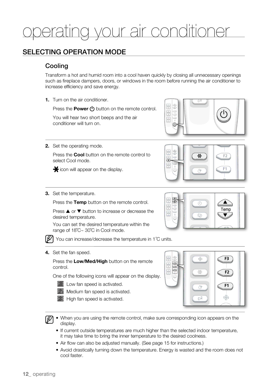 Samsung AW10EDB Series, AW12EDB Series, AW08EDB Series user manual Operating your air conditioner, Cooling 