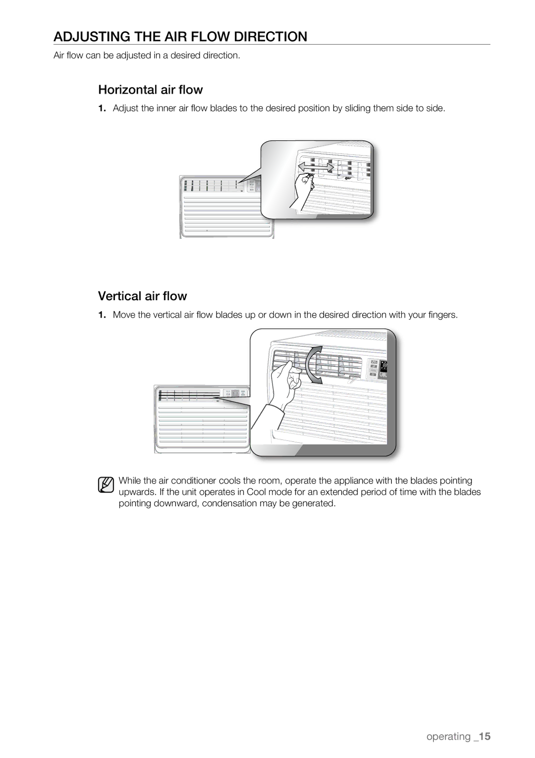 Samsung AW10EDB Series, AW12EDB Series user manual Adjusting the AIR Flow Direction, Horizontal air flow, Vertical air flow 