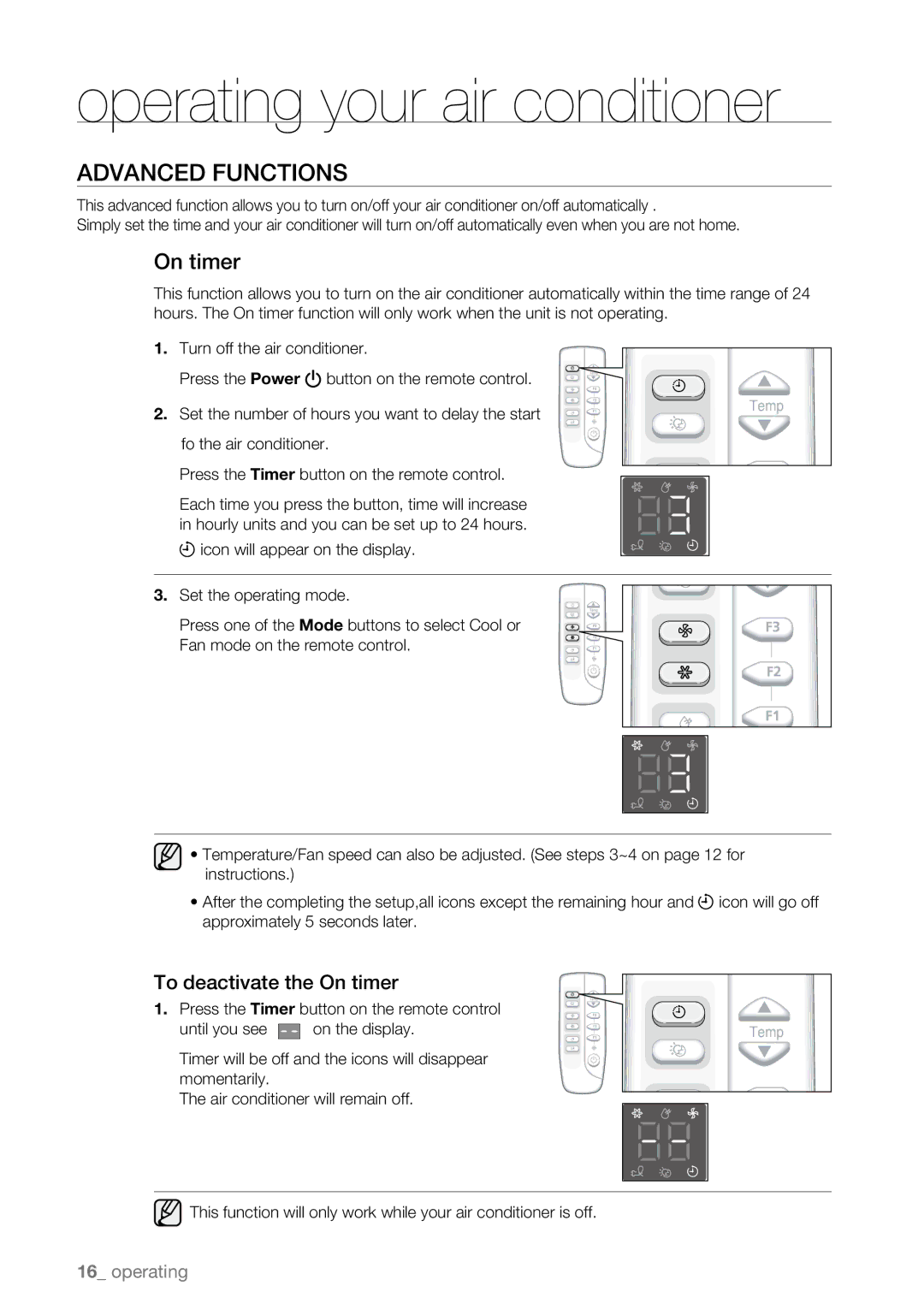 Samsung AW12EDB Series, AW10EDB Series, AW08EDB Series user manual Advanced Functions, To deactivate the On timer 