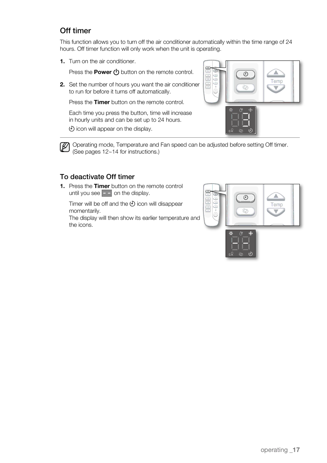 Samsung AW08EDB Series, AW10EDB Series, AW12EDB Series user manual To deactivate Off timer 