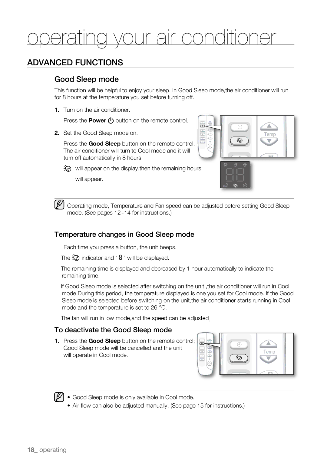 Samsung AW10EDB Series, AW12EDB Series Temperature changes in Good Sleep mode, To deactivate the Good Sleep mode 