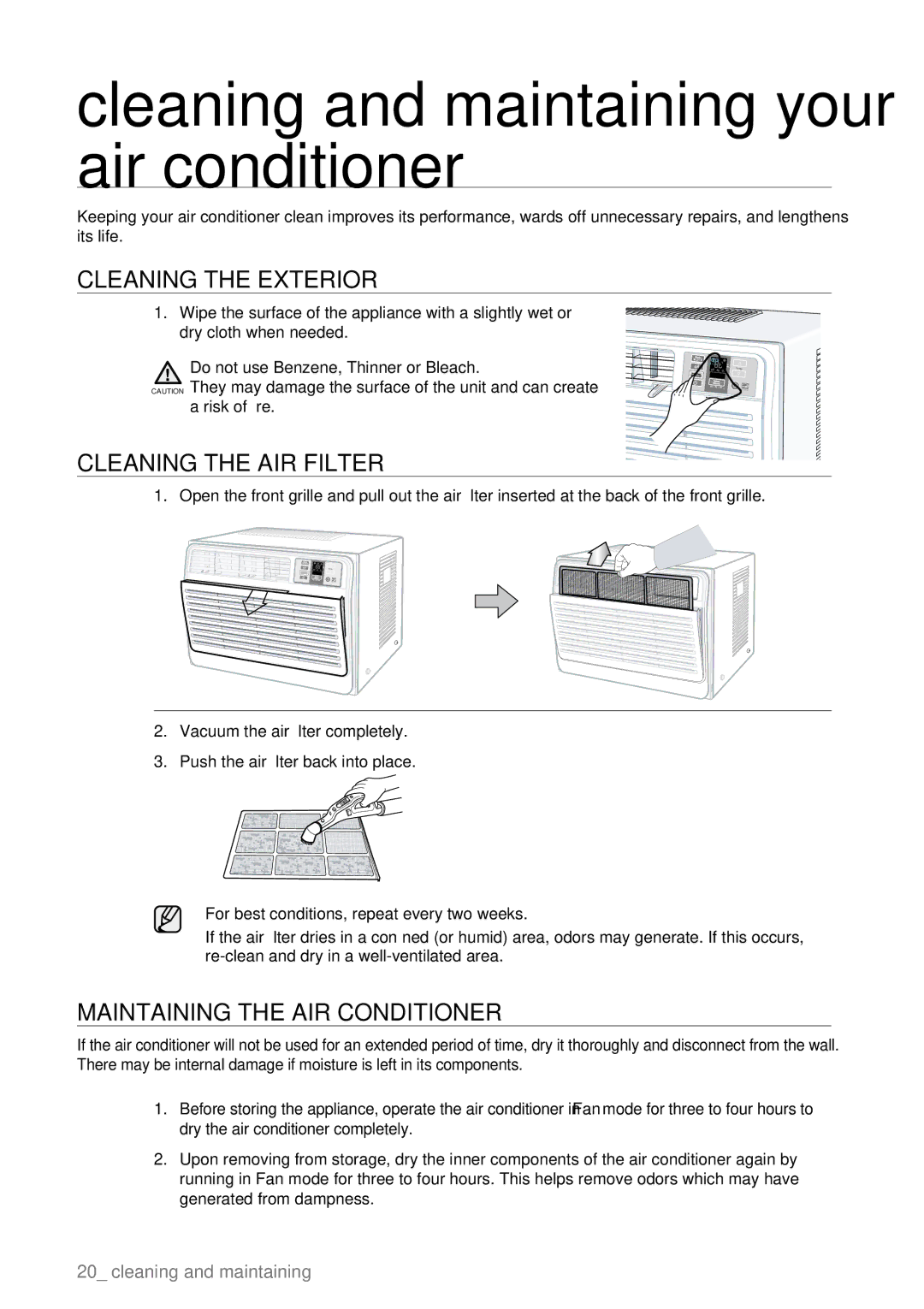 Samsung AW08EDB Series Cleaning and maintaining your air conditioner, Cleaning the Exterior, Cleaning the AIR Filter 