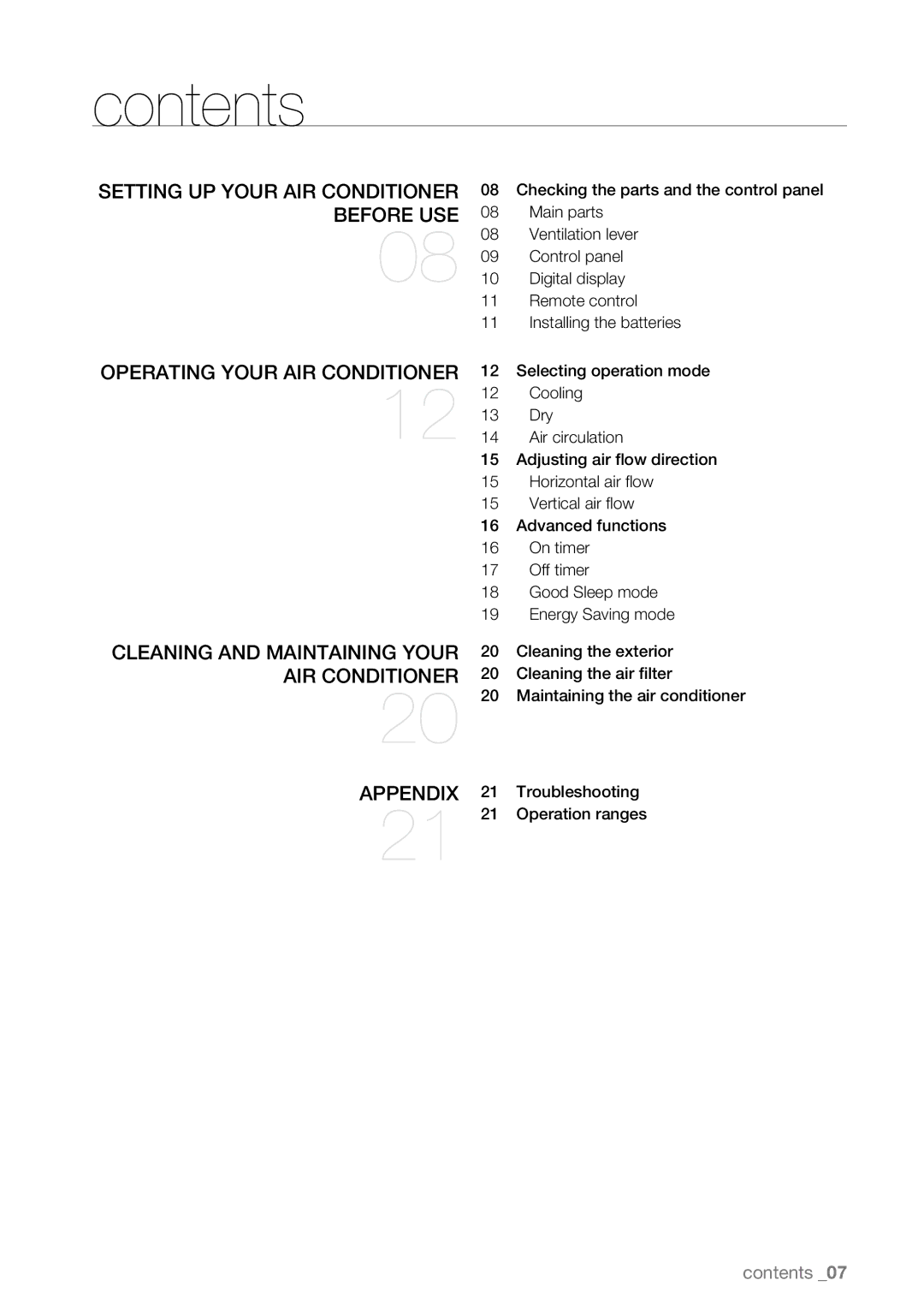 Samsung AW12EDB Series, AW10EDB Series, AW08EDB Series user manual Contents 