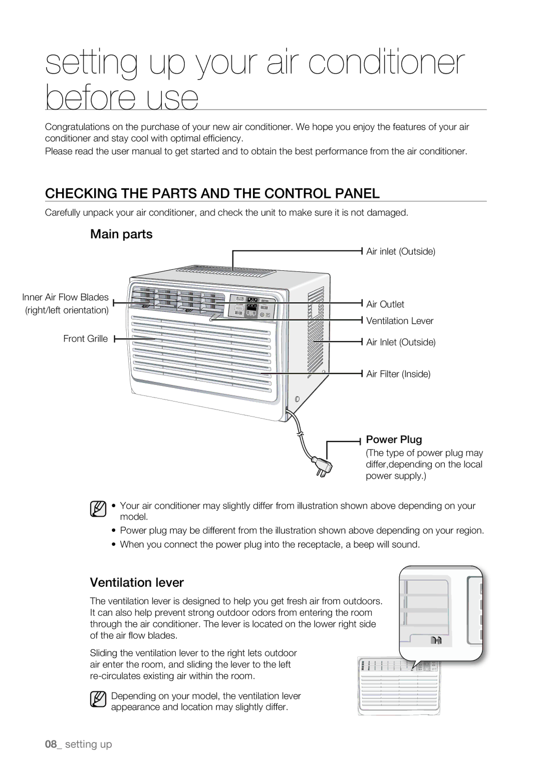 Samsung AW08EDB Series Setting up your air conditioner before use, Checking the Parts and the Control Panel, Main parts 