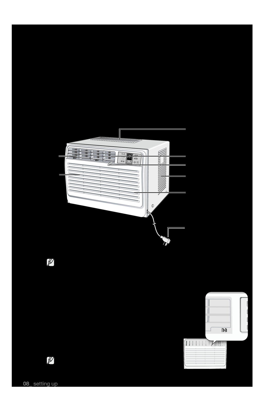 Samsung AW08EDB Series setting up your air conditioner before use, Checking The Parts And The Control Panel, Main parts 