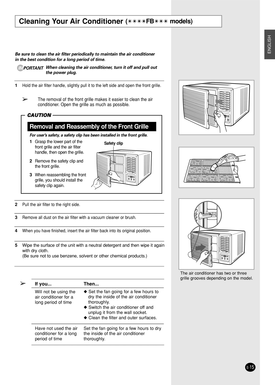 Samsung AW10FBDAA, AW18FBMCA Cleaning Your Air Conditioner FB models, Removal and Reassembly of the Front Grille 