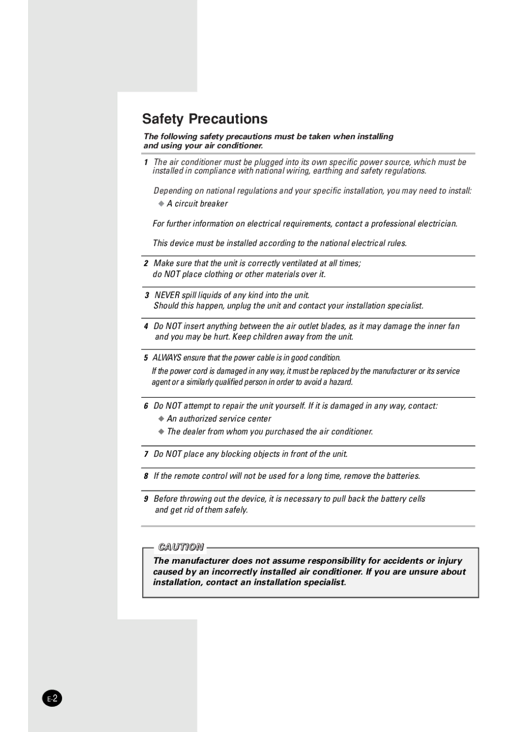 Samsung AWT20FBMBA, AW10FBDAA, AW18FBMCA manuel dutilisation Safety Precautions 