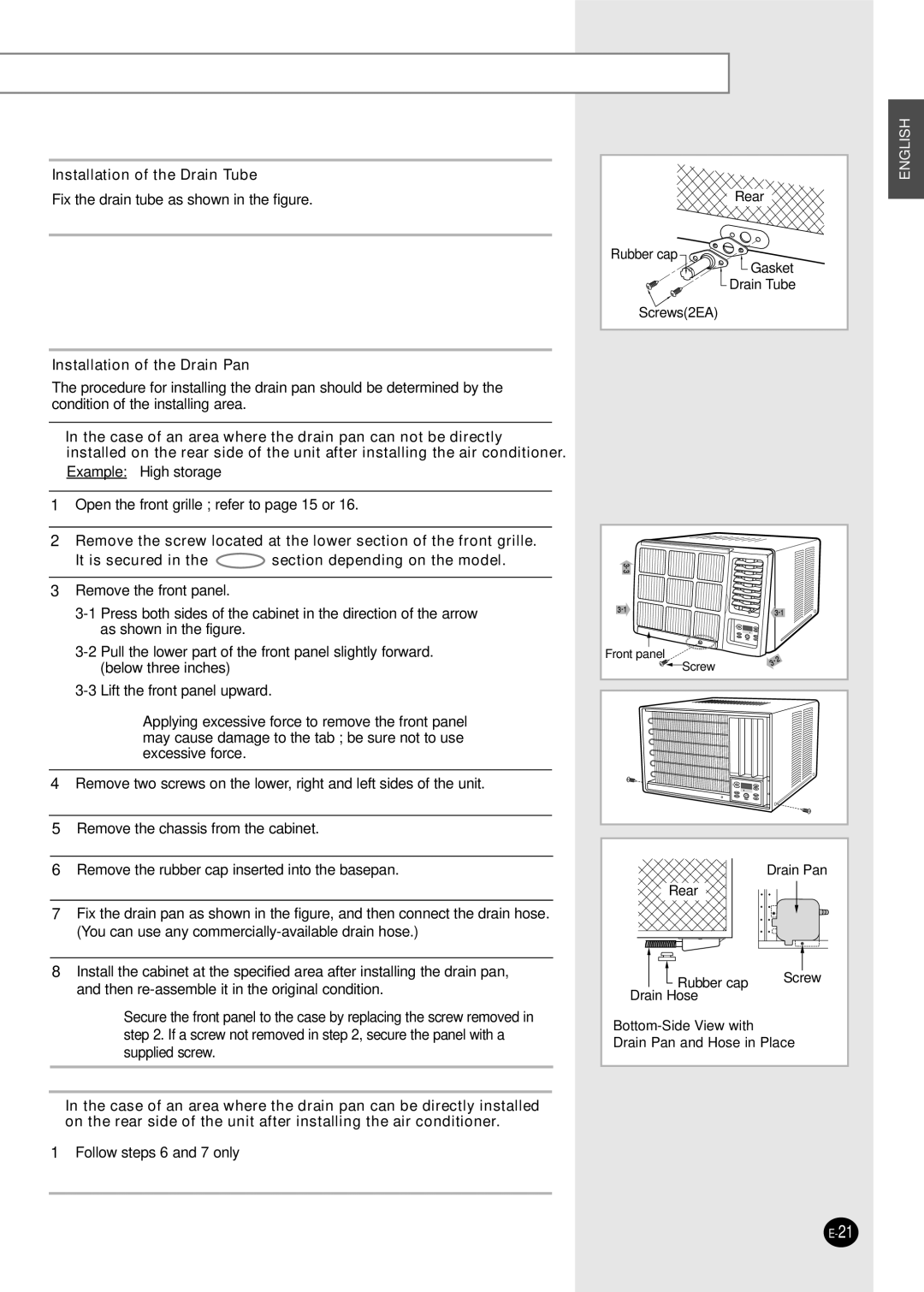 Samsung AW10FBDAA, AW18FBMCA, AWT20FBMBA manuel dutilisation Installation of the Drain Tube, Installation of the Drain Pan 