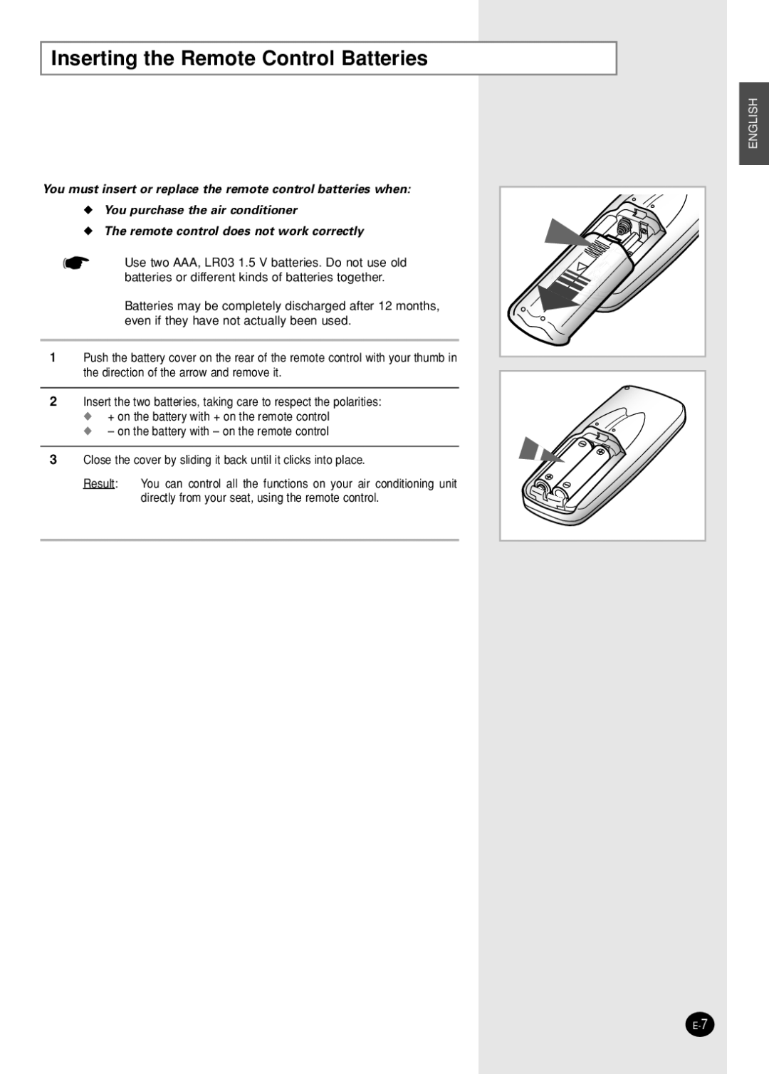 Samsung AW18FBMCA, AW10FBDAA, AWT20FBMBA manuel dutilisation Inserting the Remote Control Batteries 