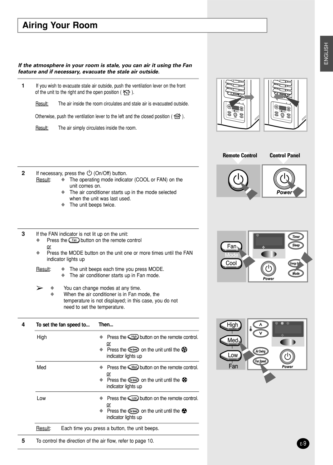 Samsung AW10FBDAA, AW18FBMCA, AWT20FBMBA manuel dutilisation Airing Your Room, Remote Control 