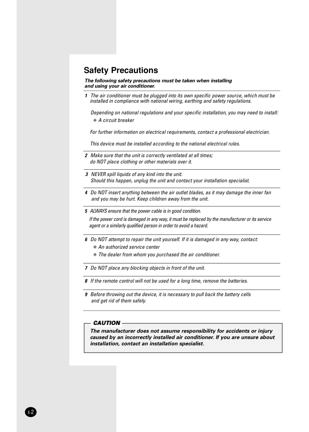 Samsung AWT20FBMBA, AW10FBDAA, AW18FBMCA manuel dutilisation Safety Precautions 