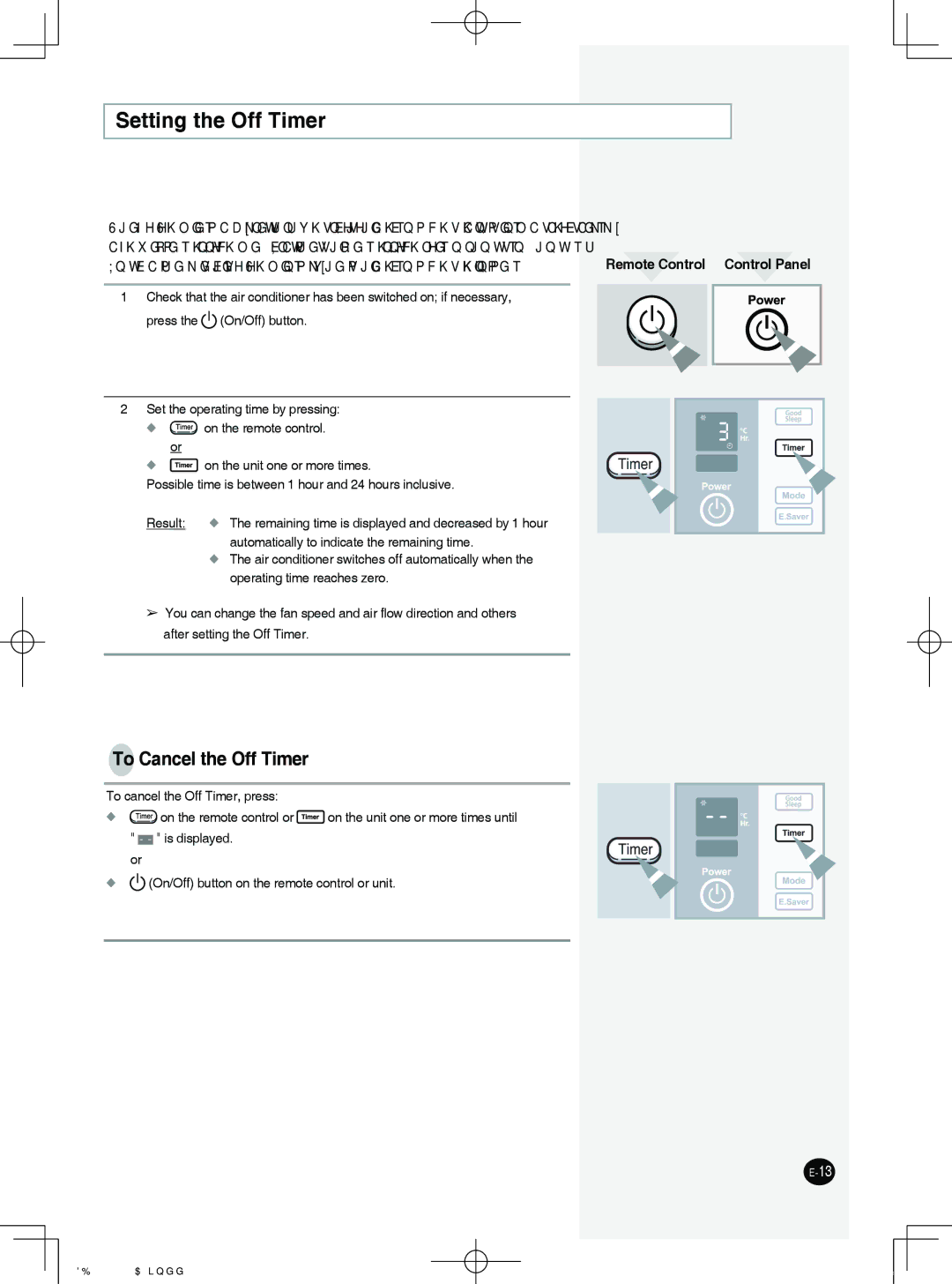 Samsung AW08PH Series, AW10PK Series, AW12PK Series, AW12PH Series, AW122PB Setting the Off Timer, To Cancel the Off Timer 