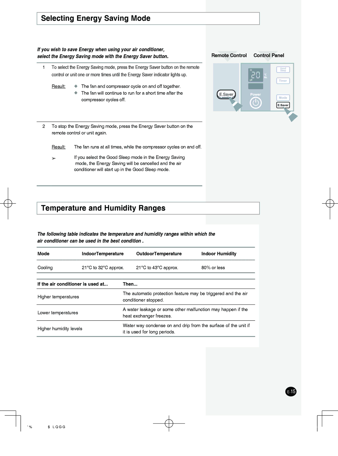 Samsung AW07PK Series, AW10PK Series, AW12PK Series, AW122PB Selecting Energy Saving Mode, Temperature and Humidity Ranges 