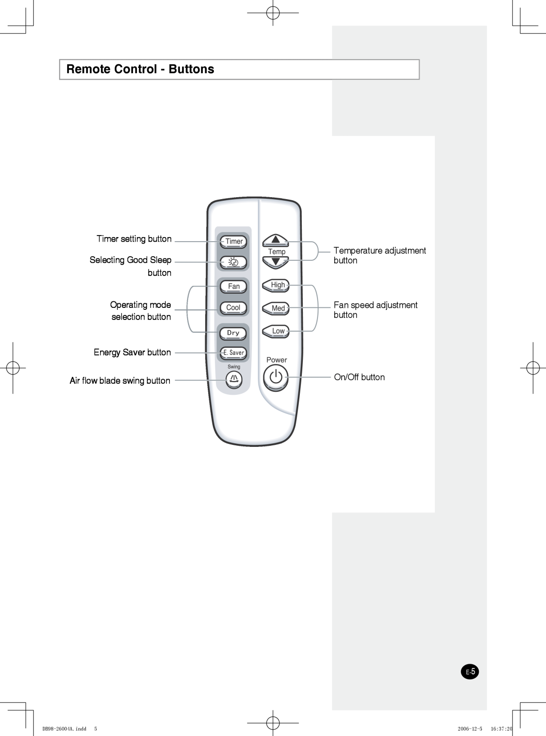 Samsung AW18PK Series, AW10PK Series, AW12PK Series, AW12PH Series, AW10PH Series, AW18PH Series Remote Control - Buttons 