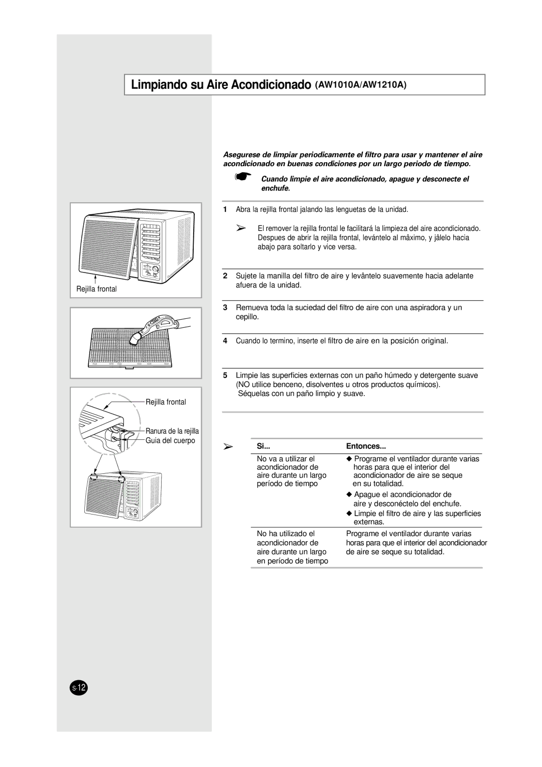 Samsung AW1000A Rejilla frontal Ranura de la rejilla Guia del cuerpo, Acondicionador de aire se seque, No ha utilizado el 