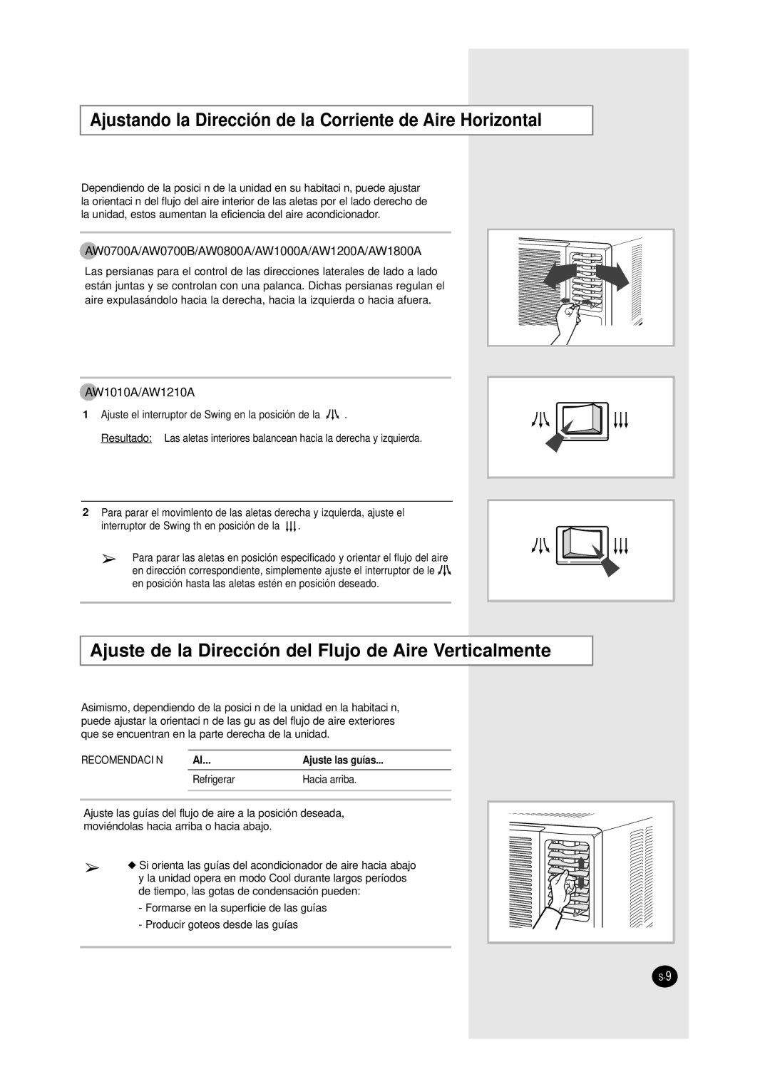 Samsung AW1800A manual Ajustando la Dirección de la Corriente de Aire Horizontal, De Swing en la posición de la Resultado 