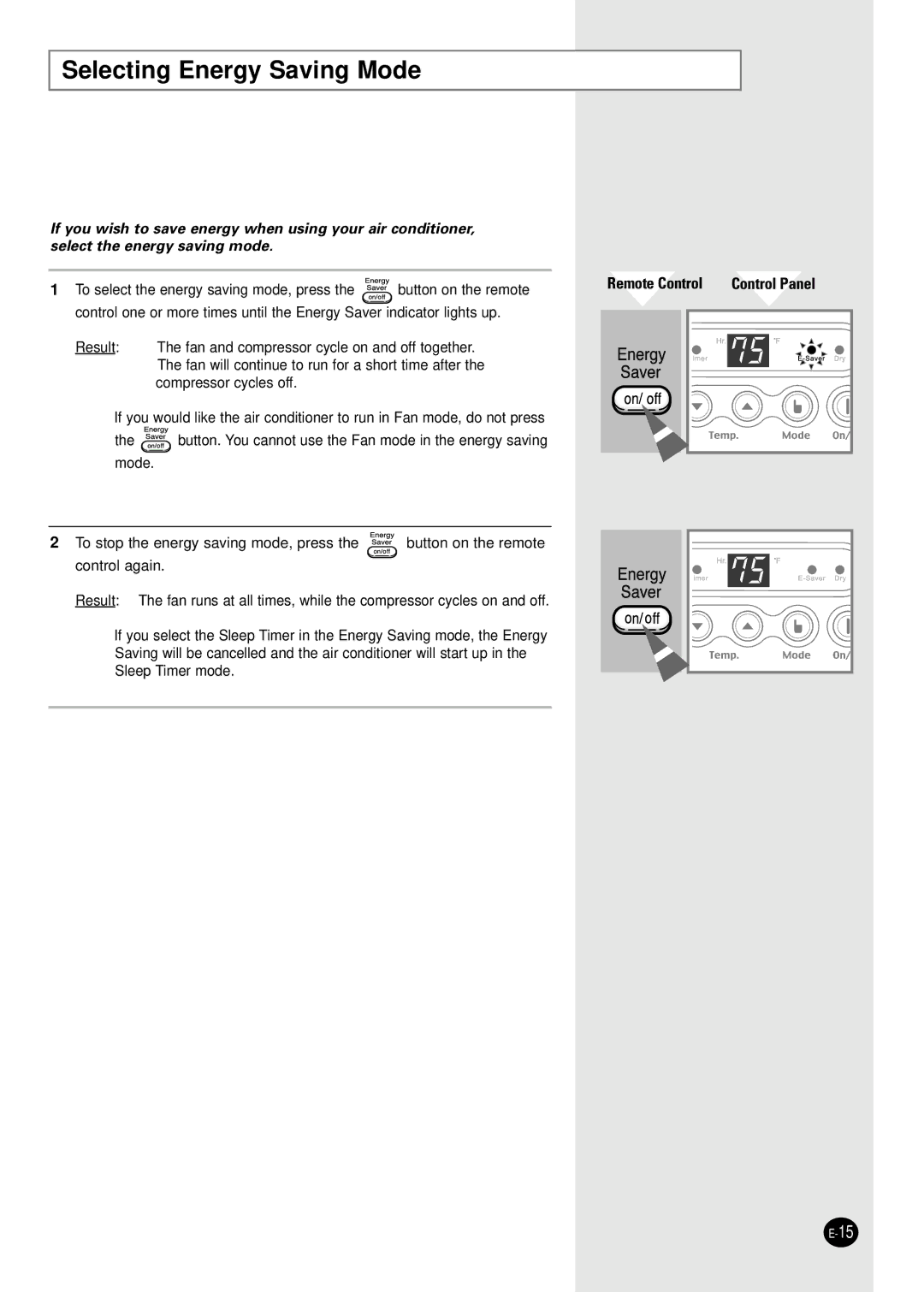 Samsung AW0801B, AW1201B, AW1801B, AW1001B manual Selecting Energy Saving Mode 