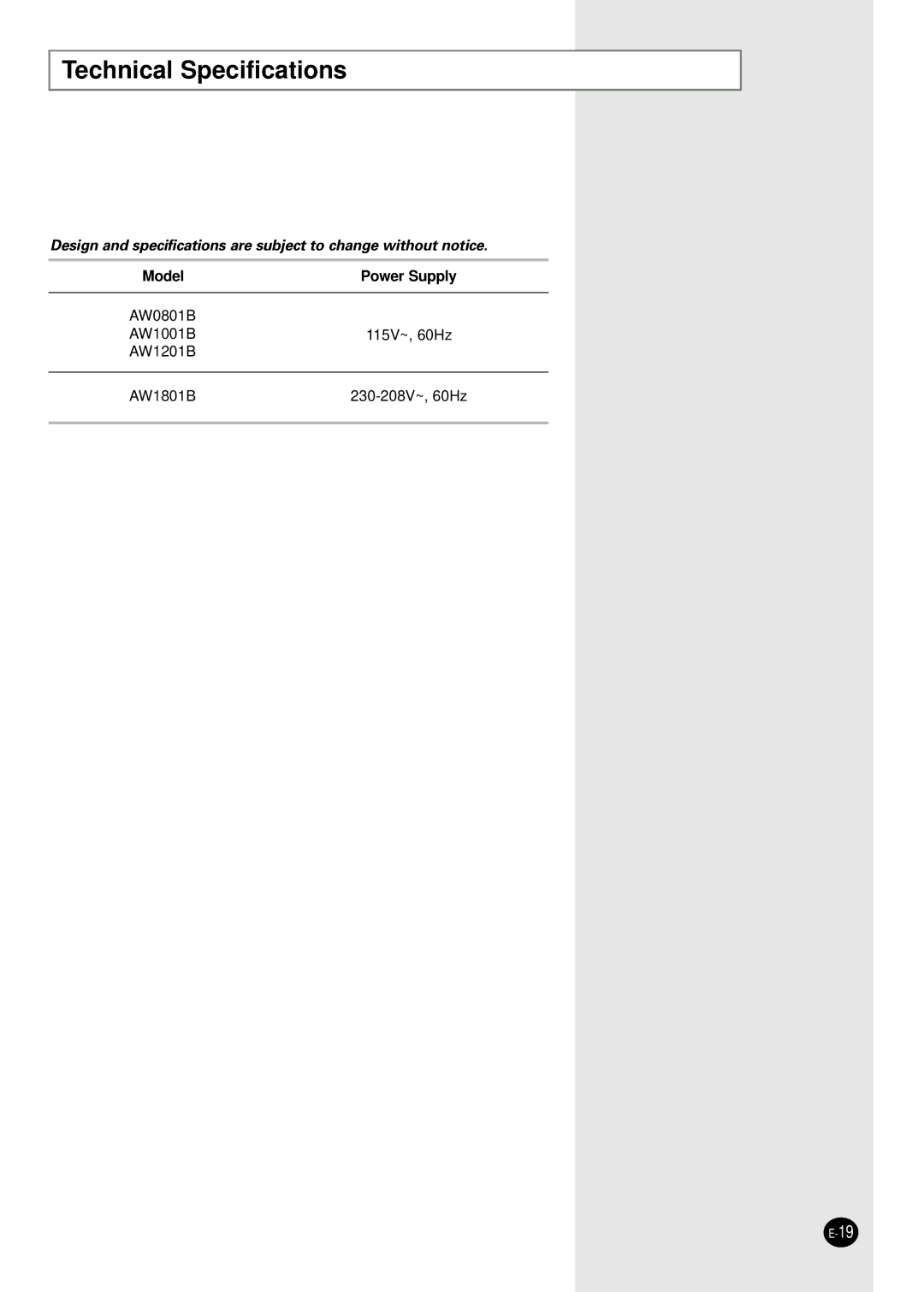 Samsung AW0801B, AW1201B, AW1801B, AW1001B manual Technical Specifications 