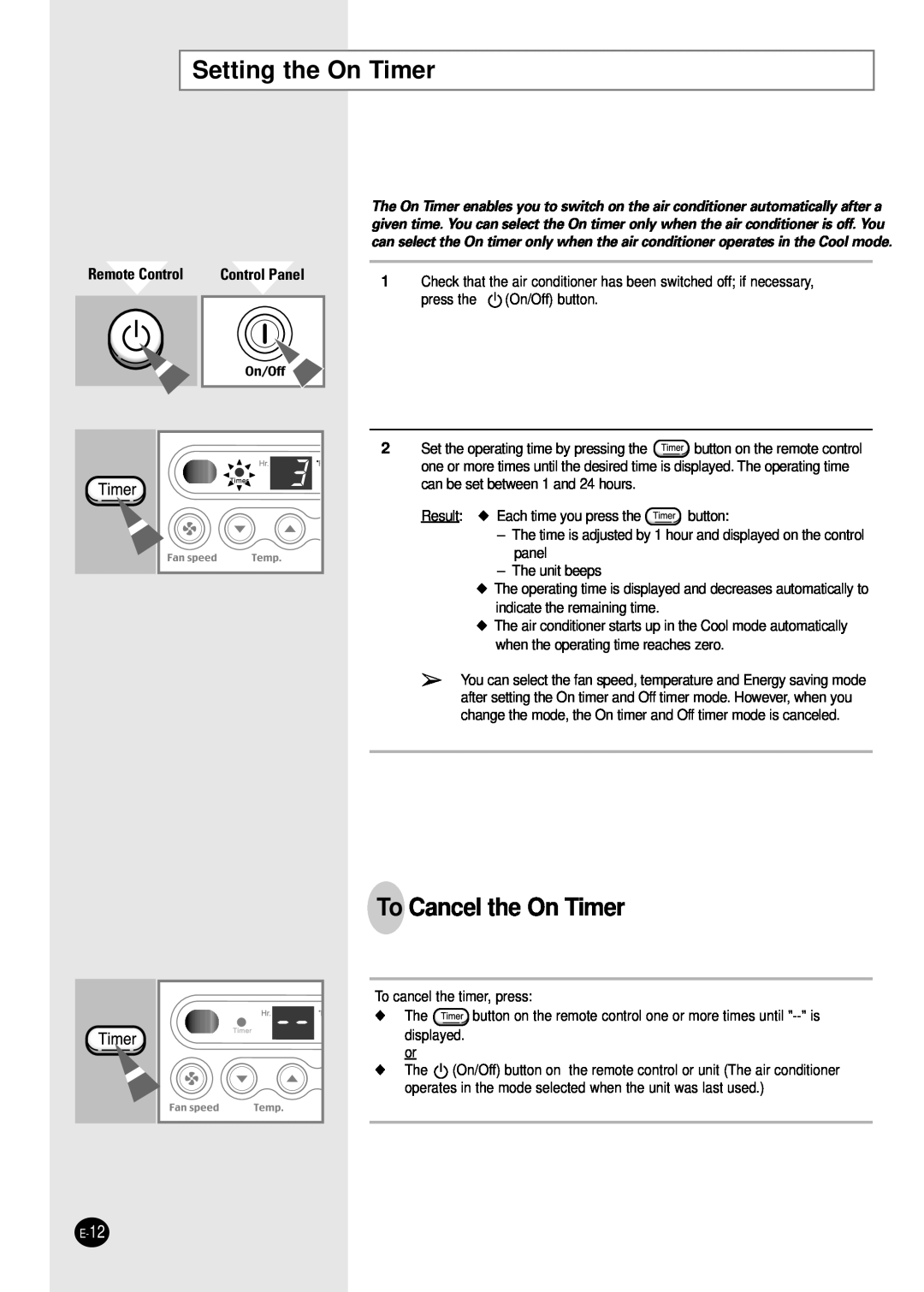 Samsung AW1201B, AW1801B, AW1001B, AW0801B manual Setting the On Timer, To Cancel the On Timer, Remote Control, Control Panel 