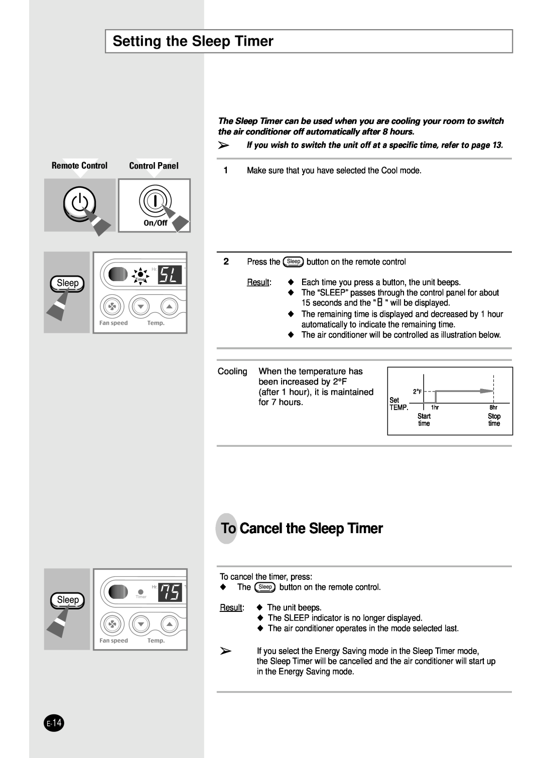 Samsung AW1001B, AW1201B, AW1801B, AW0801B Setting the Sleep Timer, To Cancel the Sleep Timer, Remote Control, Control Panel 