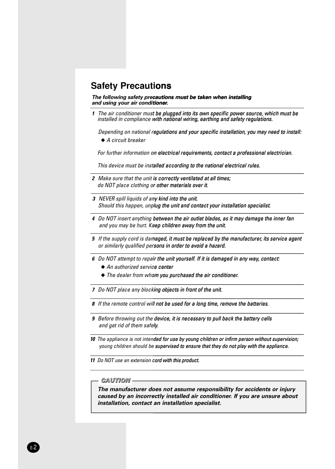 Samsung AW1001B, AW1201B, AW1801B, AW0801B manual Safety Precautions 
