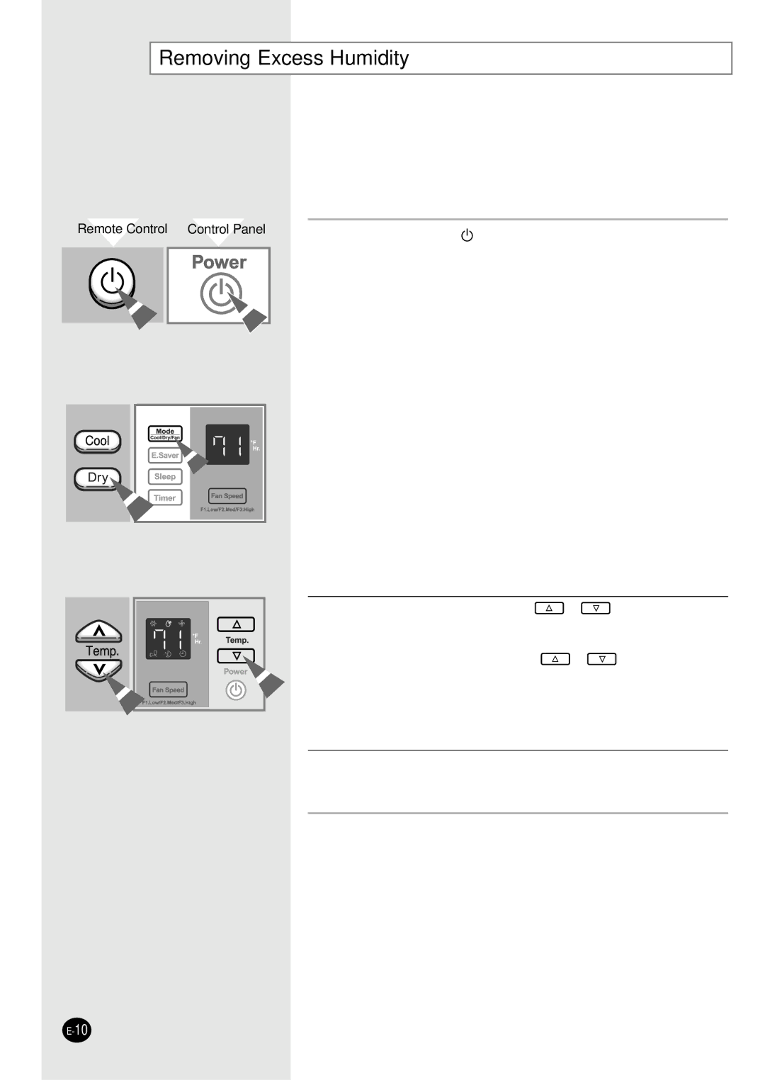 Samsung AW1005B, AW1203B, AW1403B, AW2404B, AW1809B, AW2406B, AW1805B, AW1803B, AW1409B Removing Excess Humidity, Control Panel 