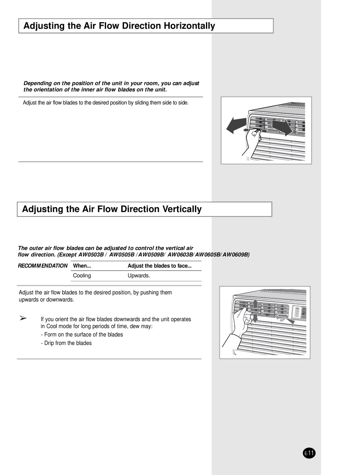 Samsung AW1009B, AW1203B manual Adjusting the Air Flow Direction Horizontally, Adjusting the Air Flow Direction Vertically 