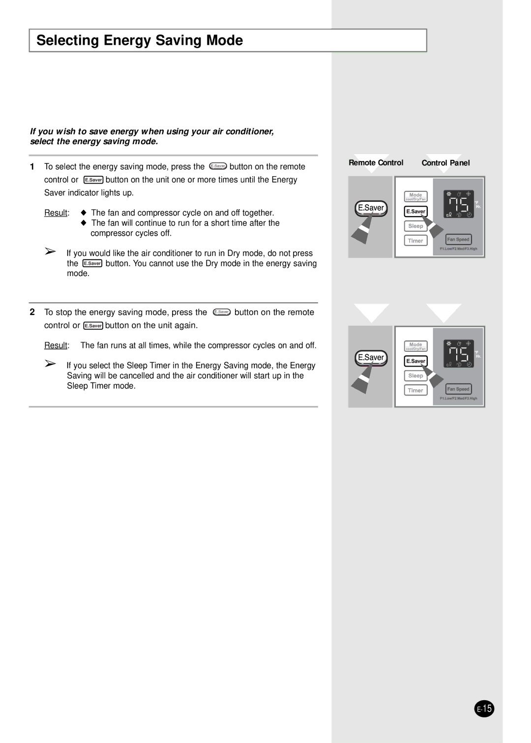 Samsung AW0803B, AW1203B, AW1403B, AW2404B, AW1809B, AW2406B, AW1805B, AW1803B manual Selecting Energy Saving Mode, Remote Control 