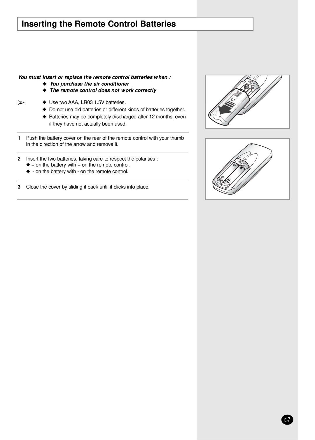 Samsung AW1409B, AW1203B, AW1403B, AW2404B, AW1809B, AW2406B, AW1805B, AW1803B, AW1003B Inserting the Remote Control Batteries 