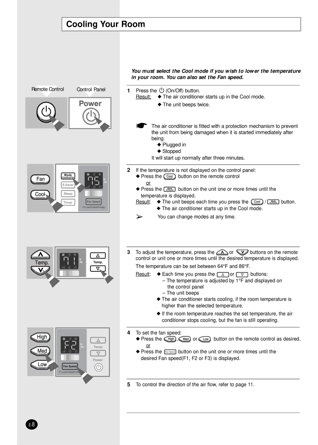 Samsung AW1003B, AW1203B, AW1403B, AW2404B, AW1809B, AW2406B, AW1805B, AW1803B, AW1409B, AW1209B Cooling Your Room, Control Panel 