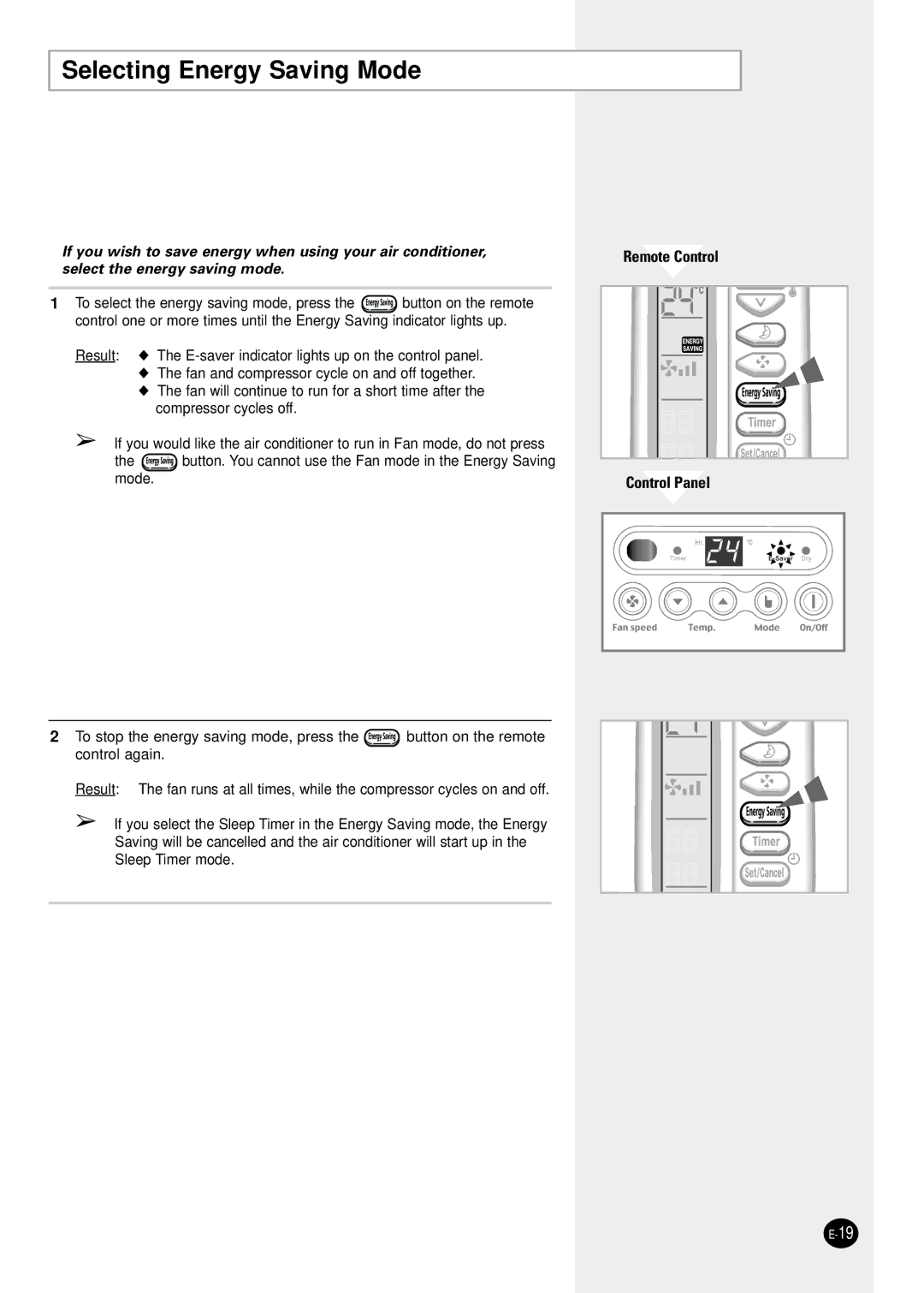 Samsung AW1291L manual Selecting Energy Saving Mode 