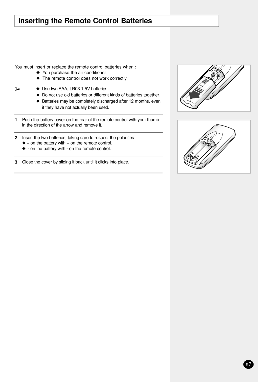 Samsung AW1291L manual Inserting the Remote Control Batteries 