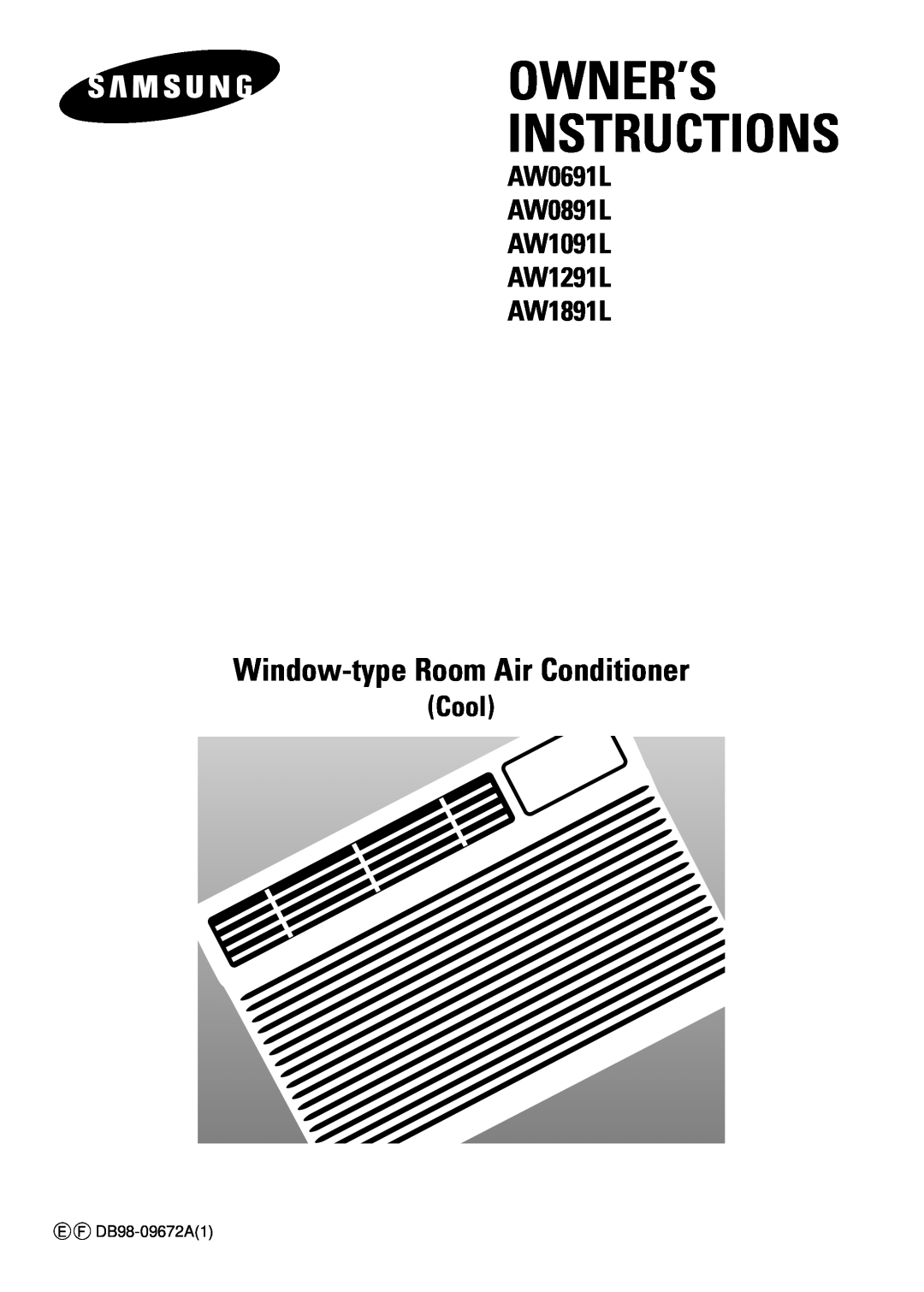 Samsung manual Owner’S Instructions, Window-typeRoom Air Conditioner, AW0691L AW0891L AW1091L AW1291L AW1891L, Cool 