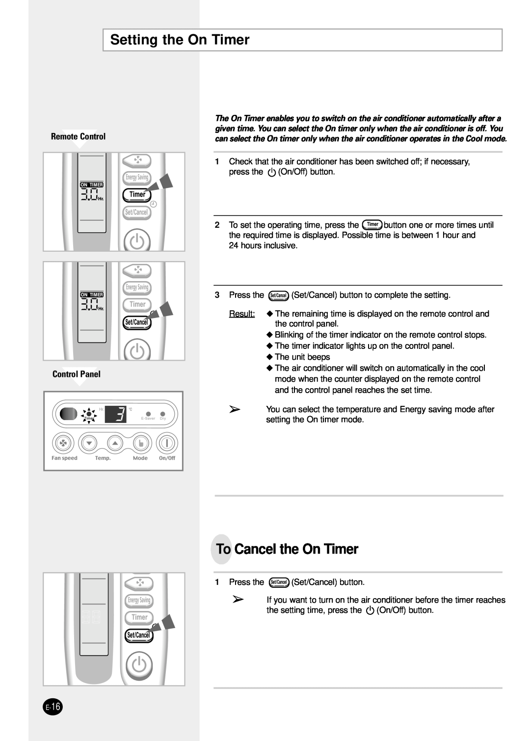 Samsung AW1291L manual Setting the On Timer, To Cancel the On Timer, Remote Control Control Panel 