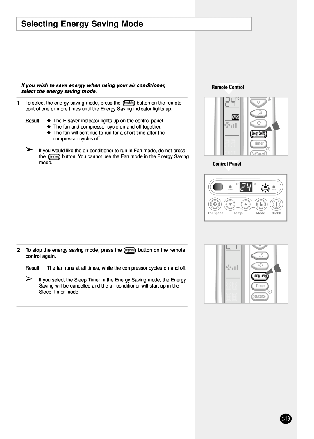 Samsung AW1291L manual Selecting Energy Saving Mode, Remote Control Control Panel 