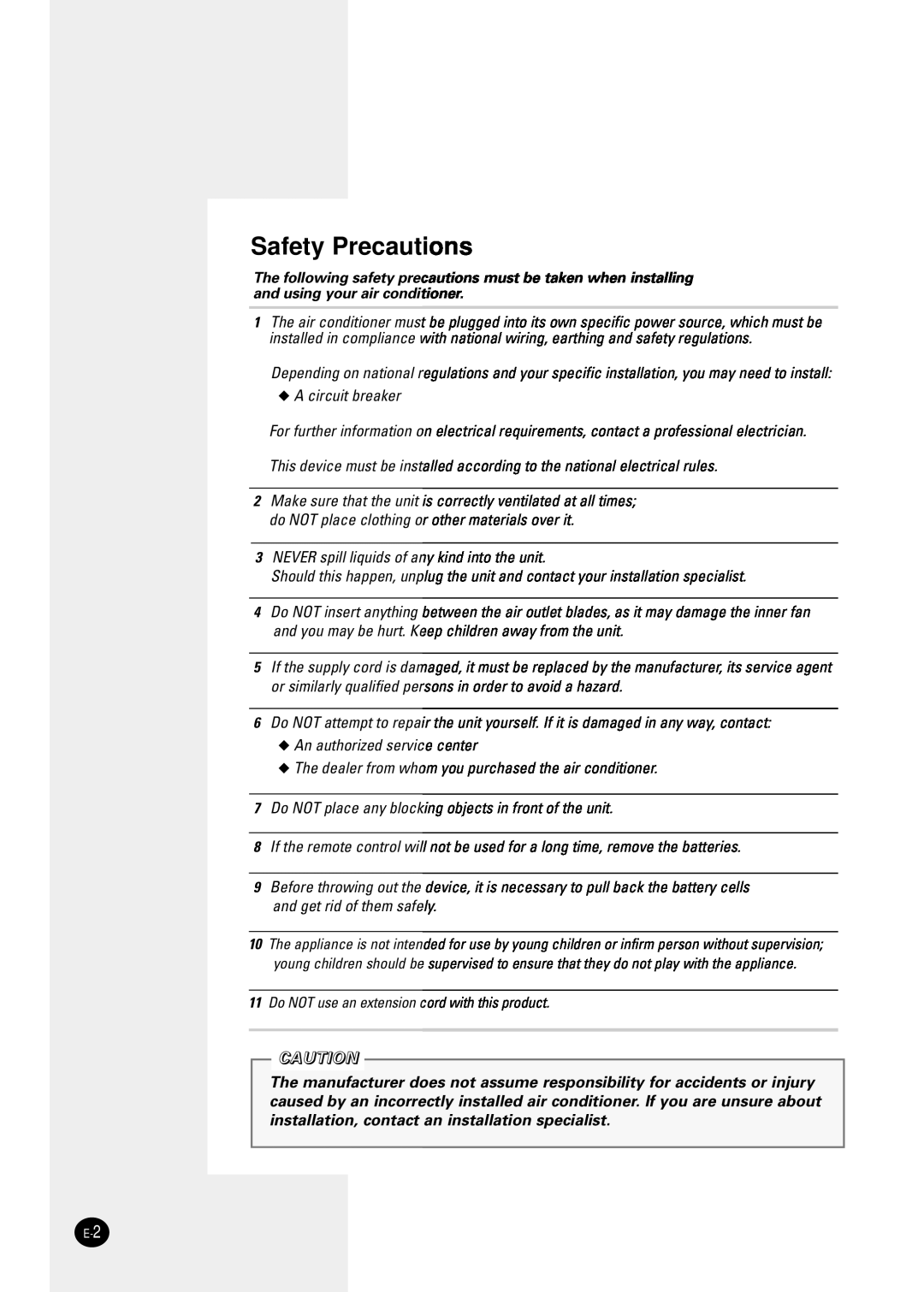 Samsung AW1291L manual Safety Precautions 