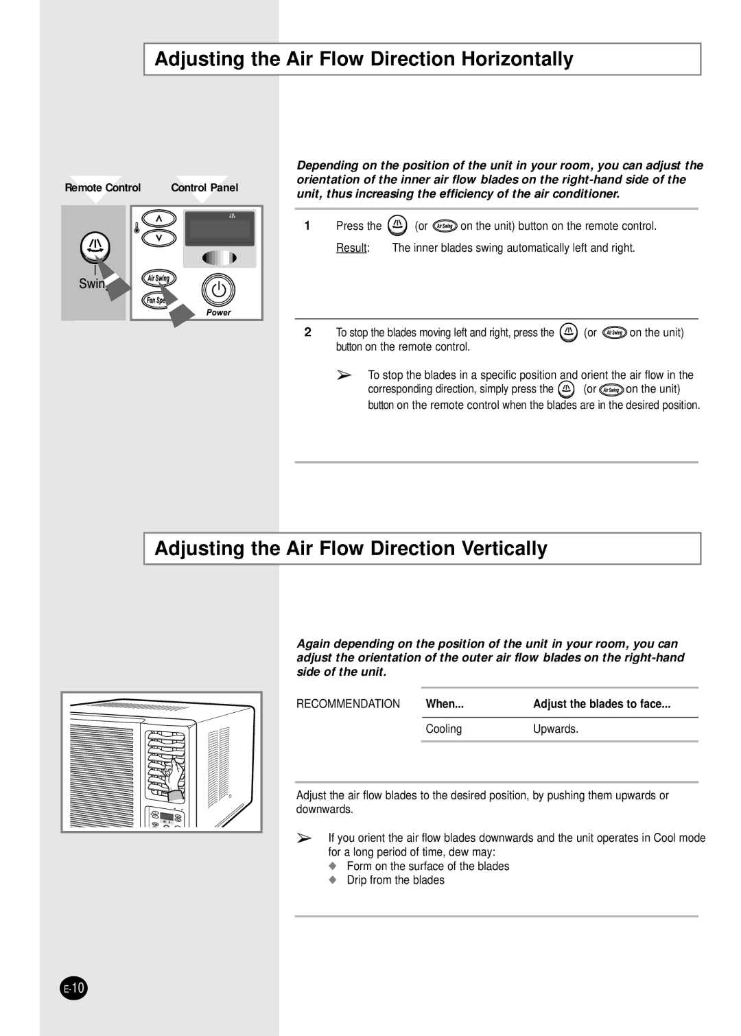 Samsung AW12FADBA Adjusting the Air Flow Direction Horizontally, Adjusting the Air Flow Direction Vertically 