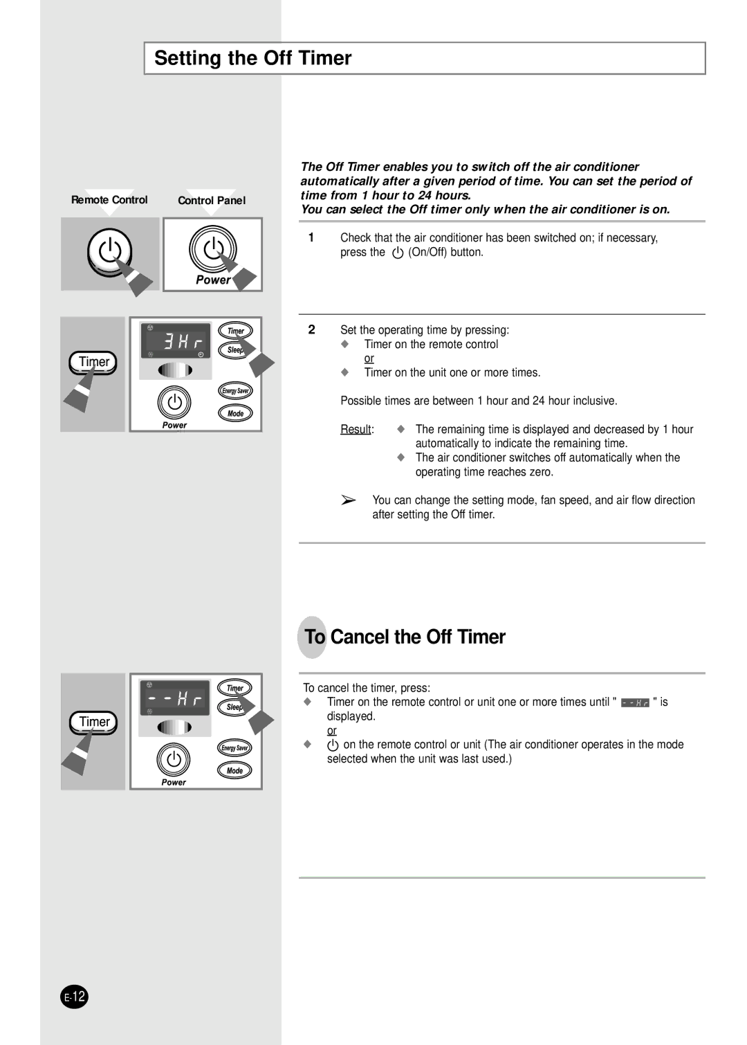 Samsung AW12FADBA manuel dutilisation Setting the Off Timer, To Cancel the Off Timer 