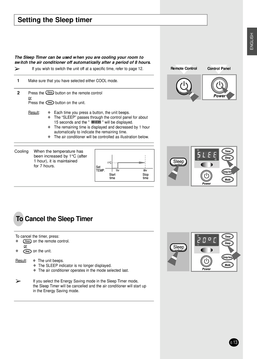 Samsung AW12FADBA manuel dutilisation Setting the Sleep timer, To Cancel the Sleep Timer 