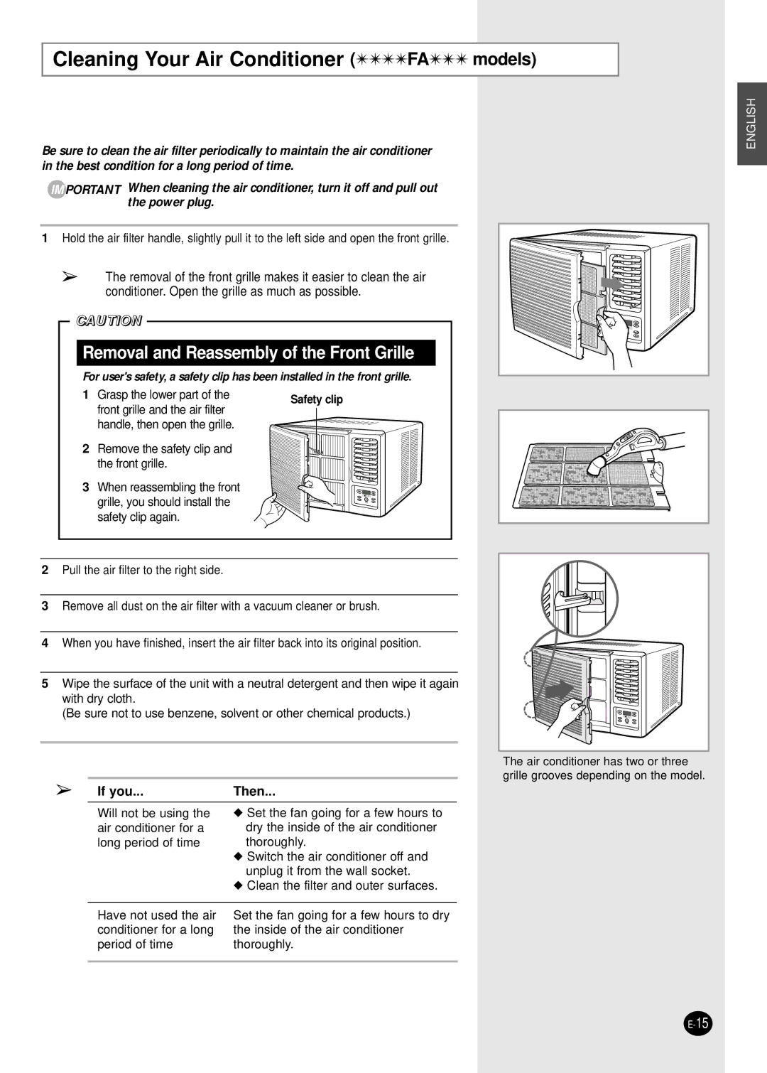 Samsung AW12FADBA manuel dutilisation Cleaning Your Air Conditioner FA models, Removal and Reassembly of the Front Grille 