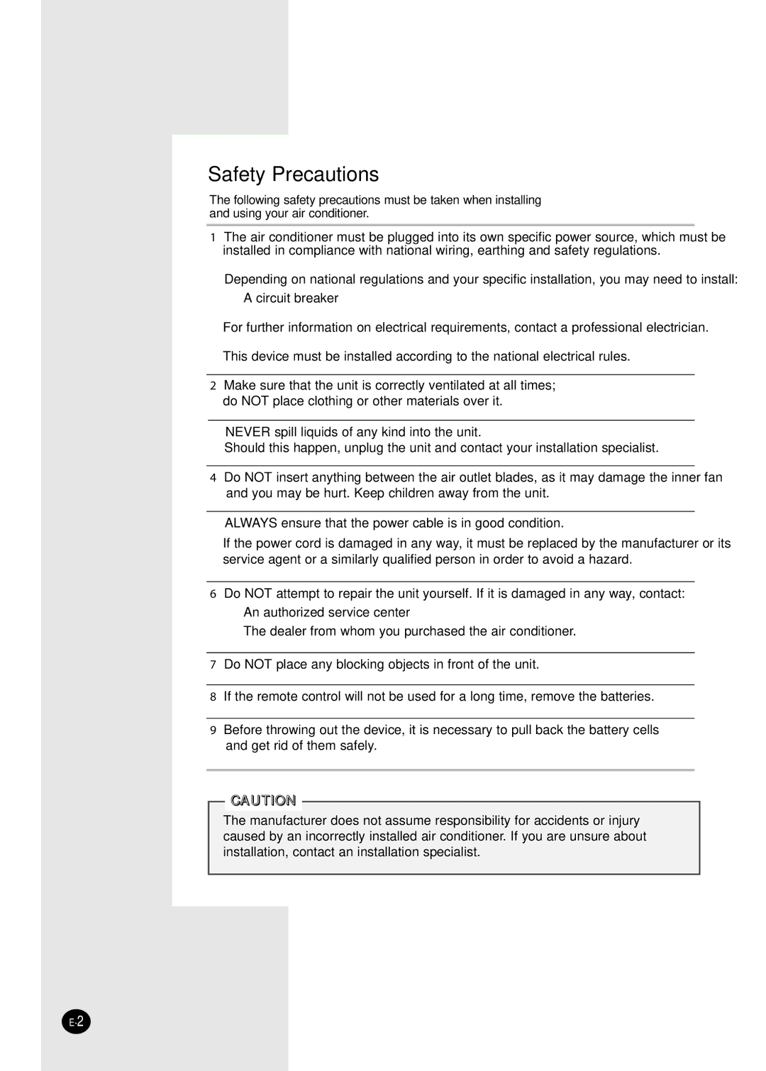 Samsung AW12FADBA manuel dutilisation Safety Precautions 