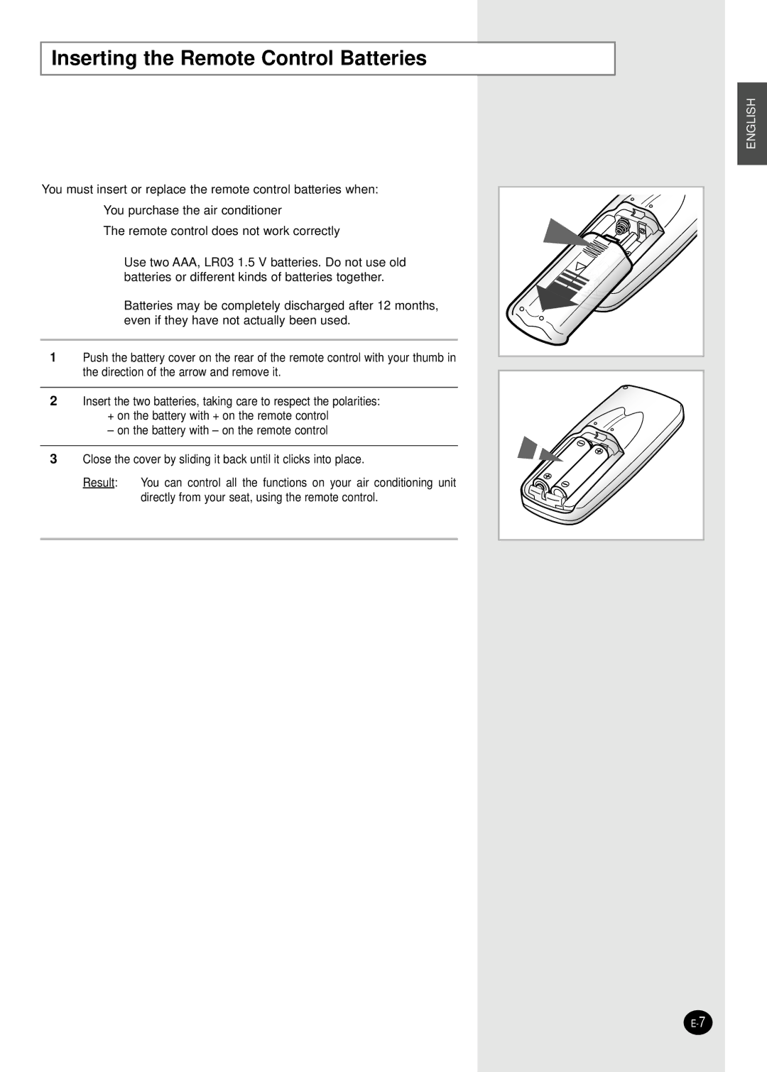 Samsung AW12FADBA manuel dutilisation Inserting the Remote Control Batteries 