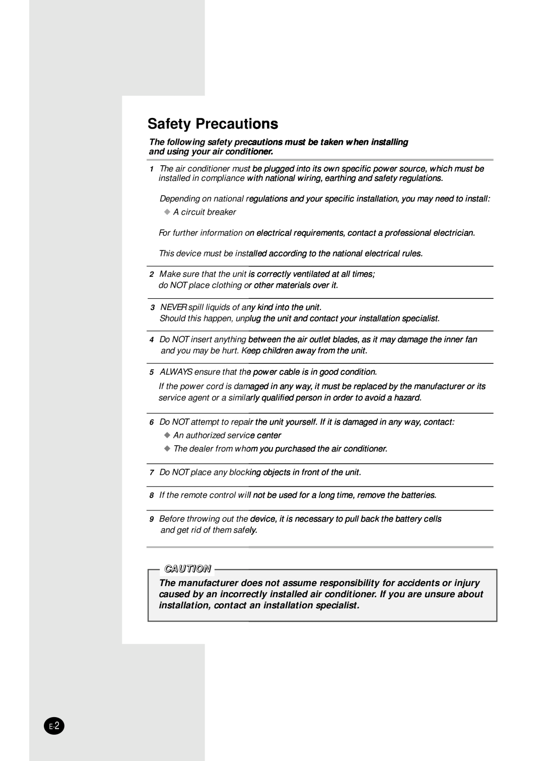 Samsung AW12FADBA manuel dutilisation Safety Precautions 