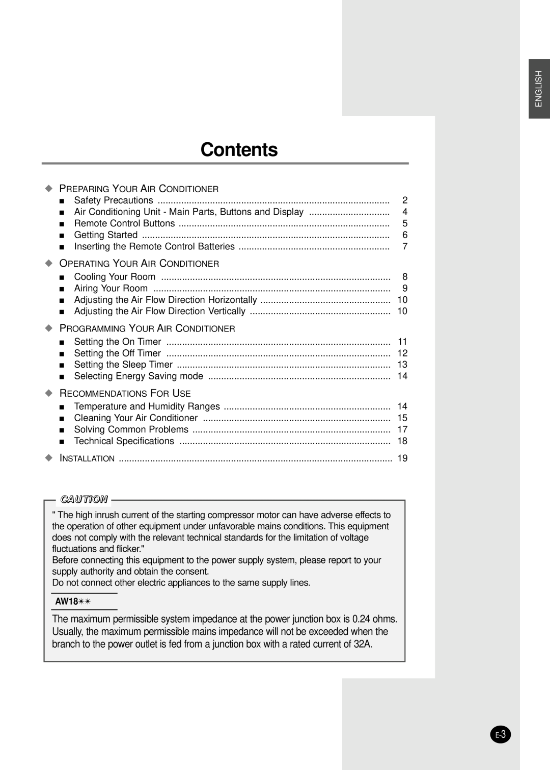 Samsung AW12FADBA manuel dutilisation Contents, AW18 
