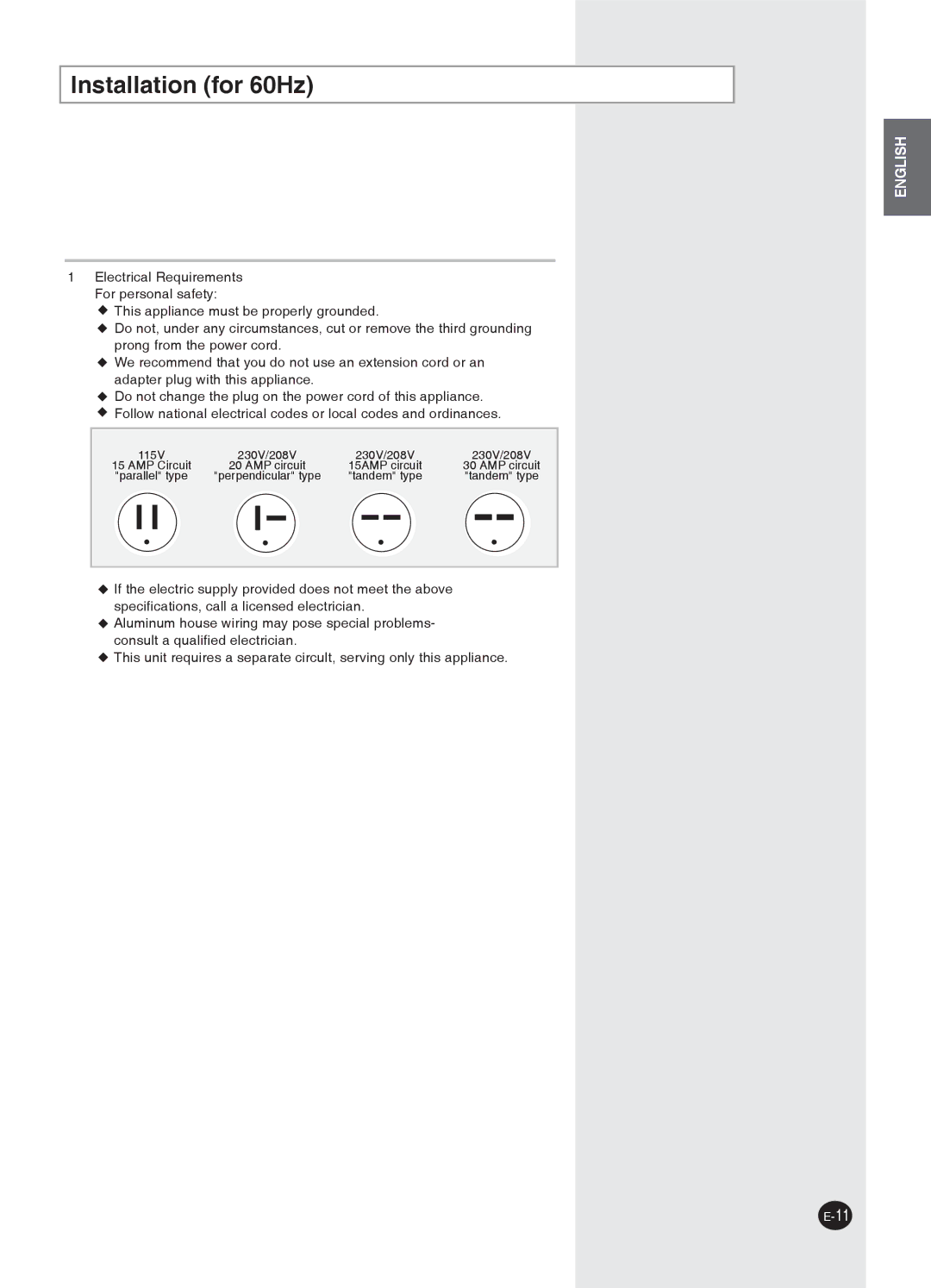 Samsung AW14P1HBA/BB, AW12P1HDA/DB, AW12P1HAA/AB, AW12P1HBA/BB, AW09P1HAA/AB, AW12P1HEA/EB, AW18P1HEA/EB Installation for 60Hz 