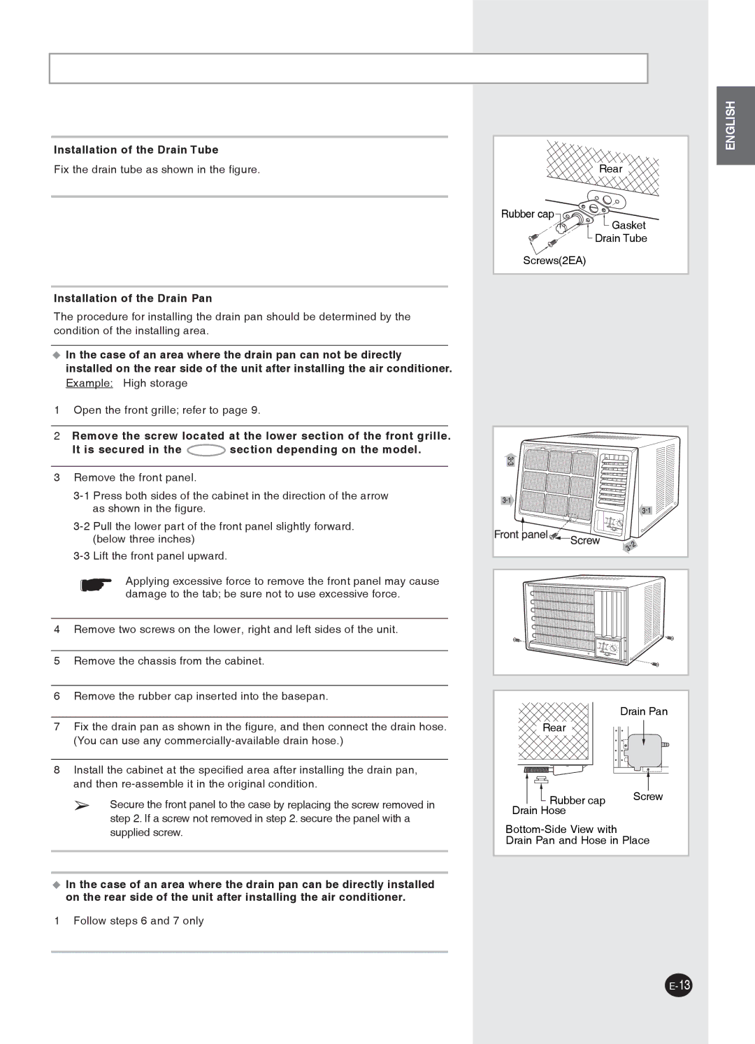 Samsung AW09P1HEA/EB, AW12P1HDA/DB, AW12P1HAA/AB, AW12P1HBA/BB Installation of the Drain Tube, Installation of the Drain Pan 