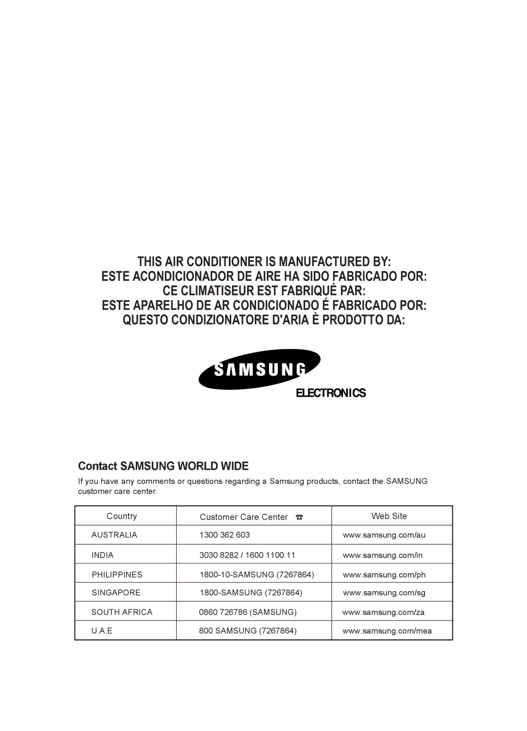 Samsung AW09P1HDA/DB, AW12P1HDA/DB, AW12P1HAA/AB, AW12P1HBA/BB, AW09P1HAA/AB, AW12P1HEA/EB Contact Samsung World Wide 