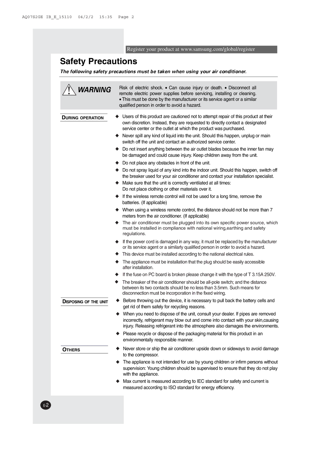 Samsung AW12P1HBA/BB, AW12P1HDA/DB, AW12P1HAA/AB, AW09P1HAA/AB, AW12P1HEA/EB, AW18P1HEA/EB, AWT18P1HEA Safety Precautions 