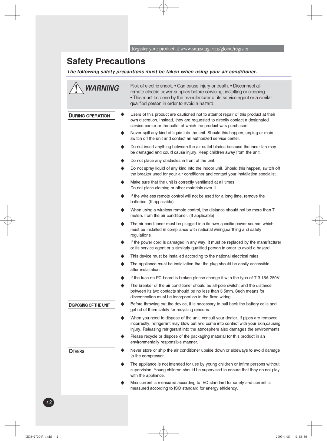 Samsung AW07P2, AW12P2, AW09P2 user manual Safety Precautions 