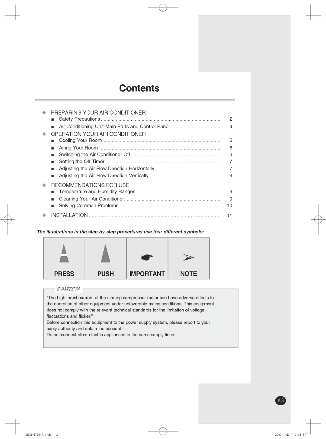 Samsung AW12P2, AW09P2, AW07P2 user manual Contents 